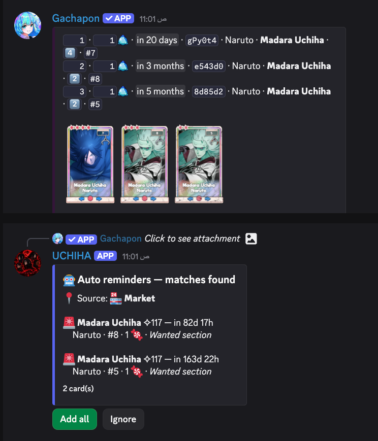 A market list followed by Uchiha's reply listing two matching Madara Uchiha cards with Add all and Ignore buttons