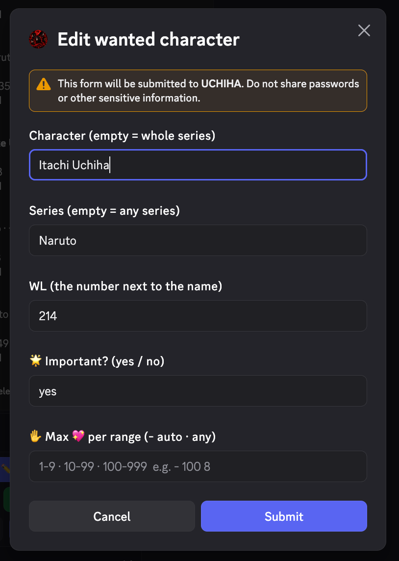 The Edit wanted character form with name, series, WL, importance and max hearts per range