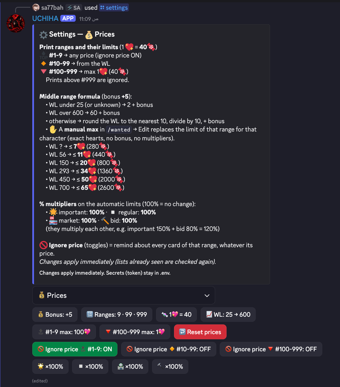 The Settings Prices panel with print ranges, formula, multipliers and the buttons to change them