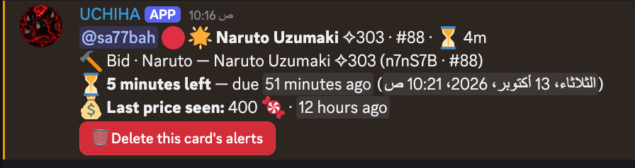 A last call alert for Naruto Uzumaki with the time left, last price seen and a delete button