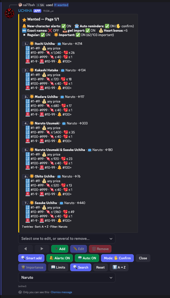The /wanted panel listing Naruto characters with WL and price limits per print range